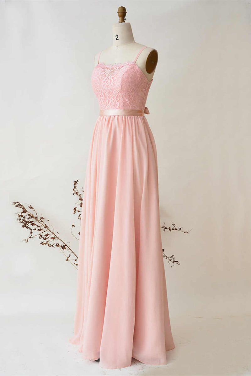 Straps Pearl Pink Lace Top Bridesmaid Dress with Belt