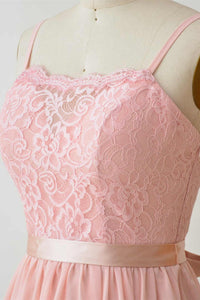 Straps Pearl Pink Lace Top Bridesmaid Dress with Belt
