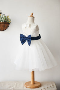 Cut White Lace Flower Girl Dress with Bow Knot
