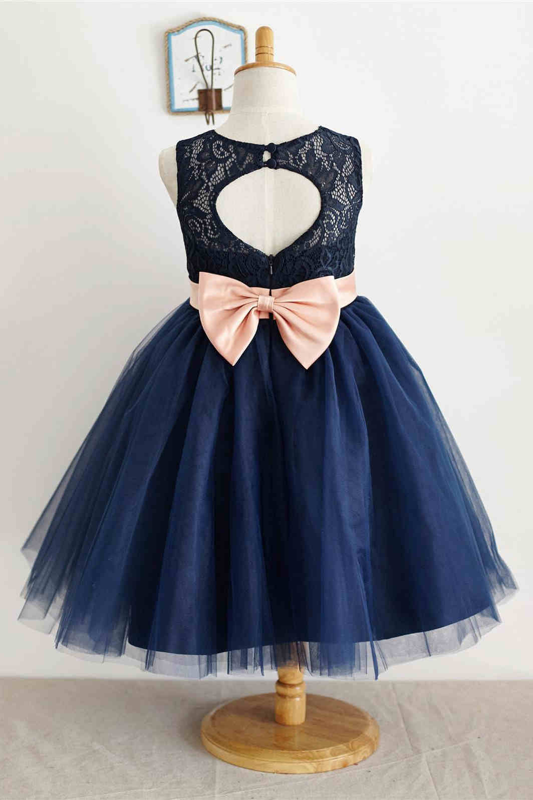 Cute Crew Neck  Navy Blue Flower Girl Dress