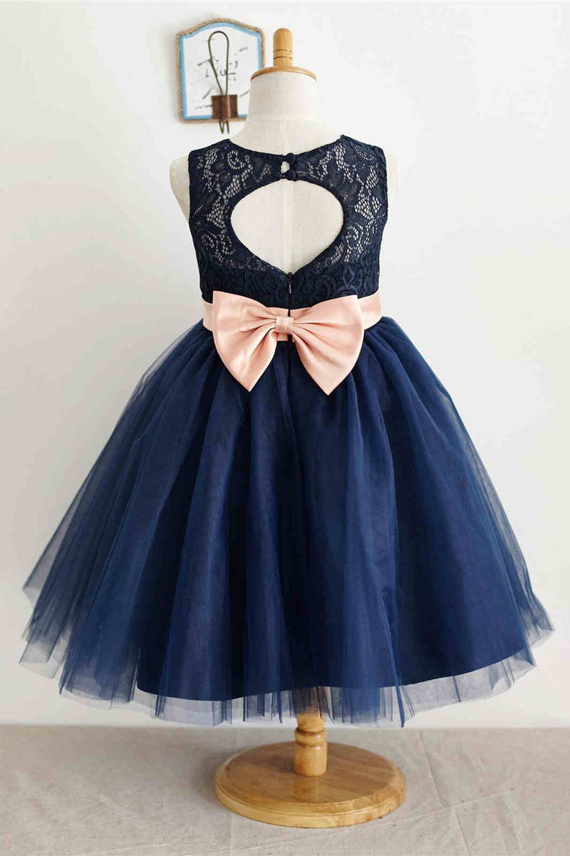 Cute Crew Neck  Navy Blue Flower Girl Dress