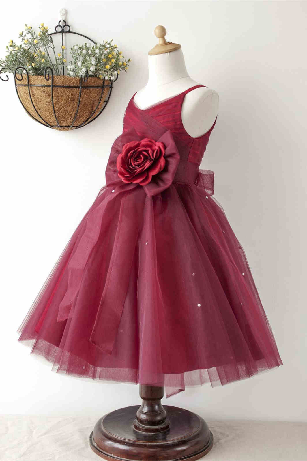 Princess Burgundy Beaded Flower Girl Dress with Flowers