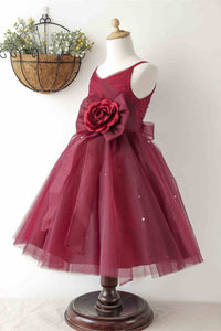 Princess Burgundy Beaded Flower Girl Dress with Flowers