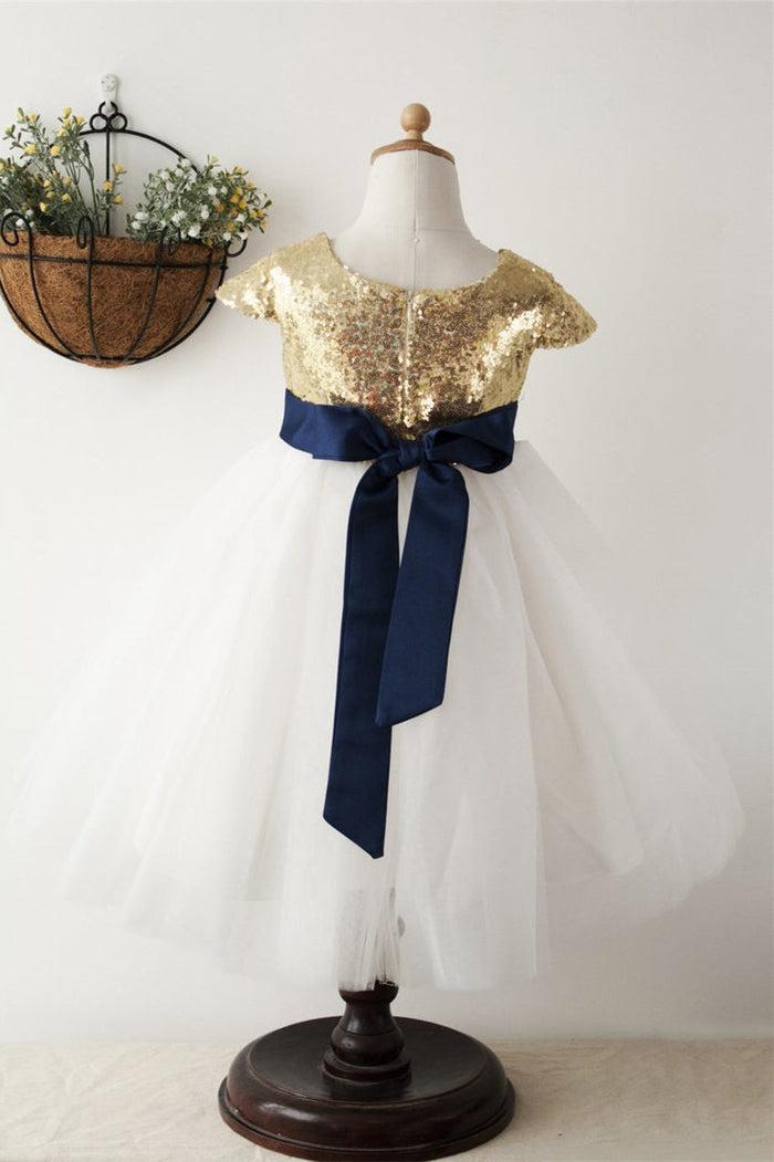 Cute Gold Sequined Top Flower Girl Dress