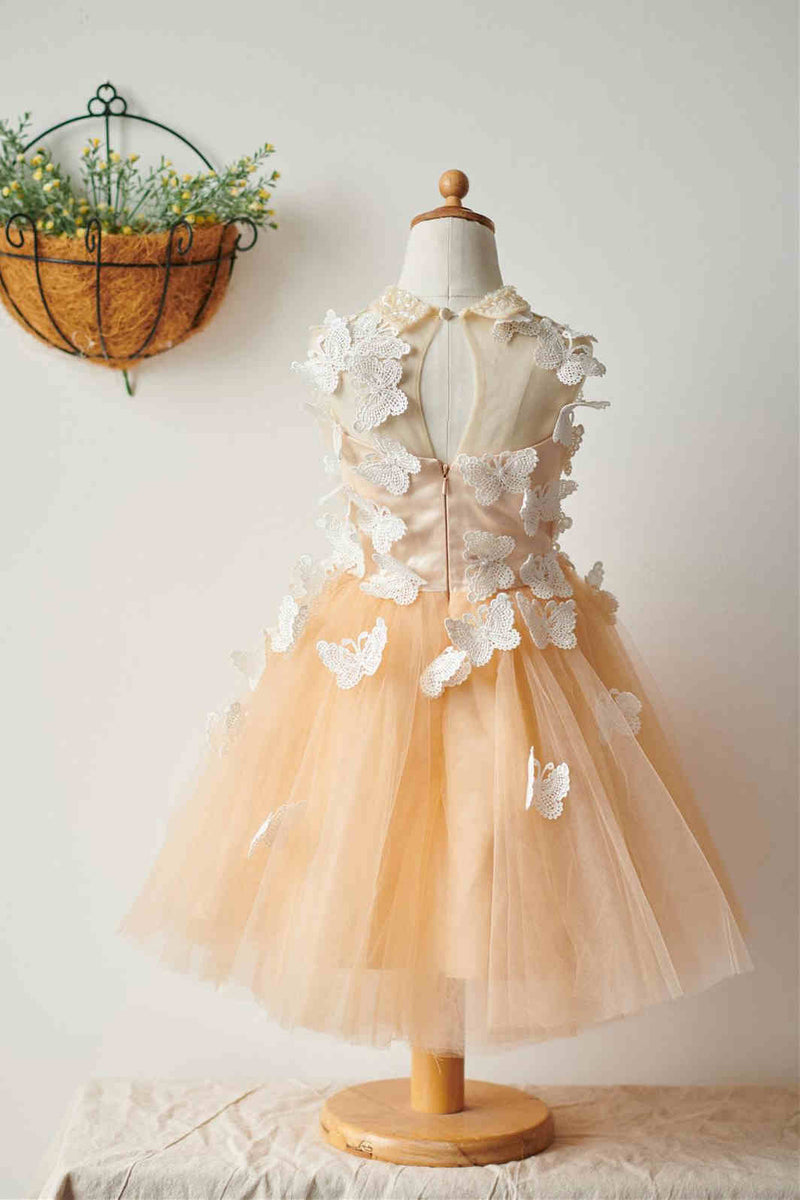 Crew Neck Champagne Flower Girl Dress with Butterfly