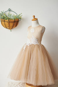 A-Line Lace Appliques Nude Flower Girl Dress