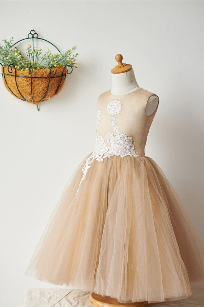 A-Line Lace Appliques Nude Flower Girl Dress