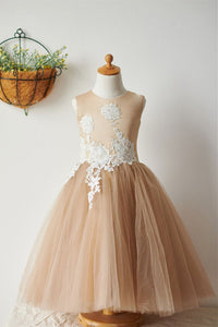 A-Line Lace Appliques Nude Flower Girl Dress