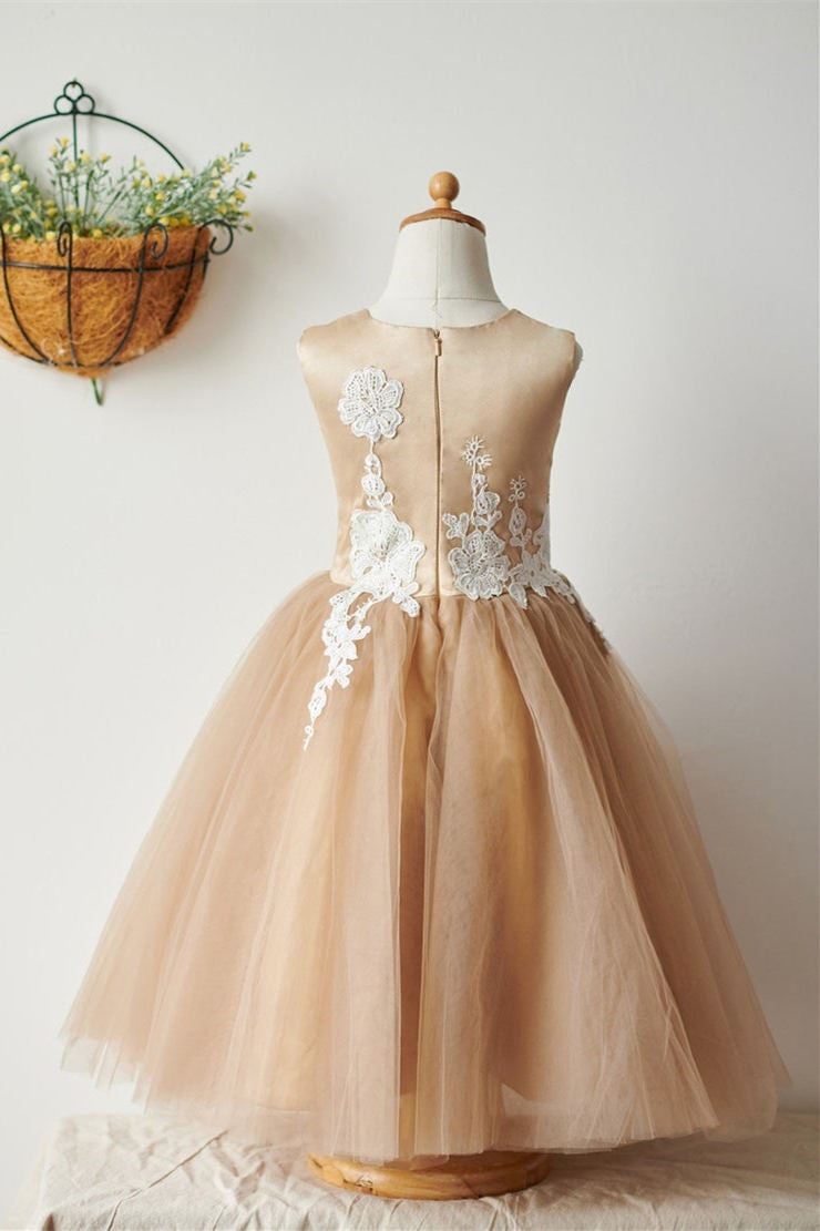 A-Line Lace Appliques Nude Flower Girl Dress