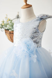 Glitter Baby Blue Sequined Tulle Flower Girl Dress