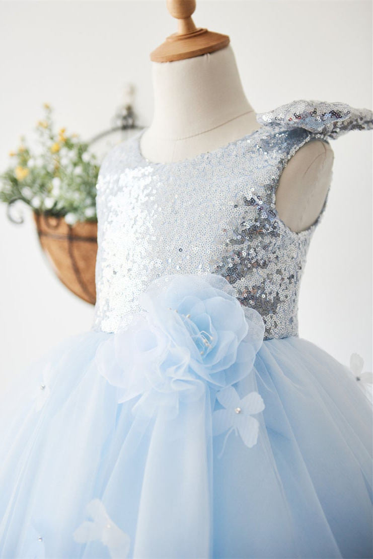 Glitter Baby Blue Sequined Tulle Flower Girl Dress