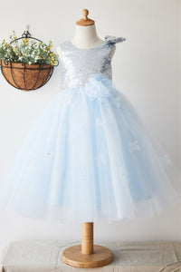 Glitter Baby Blue Sequined Tulle Flower Girl Dress