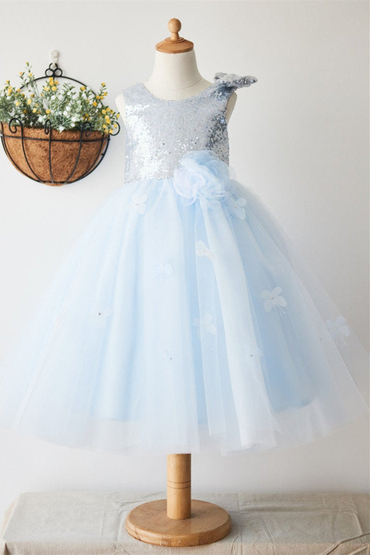 Glitter Baby Blue Sequined Tulle Flower Girl Dress