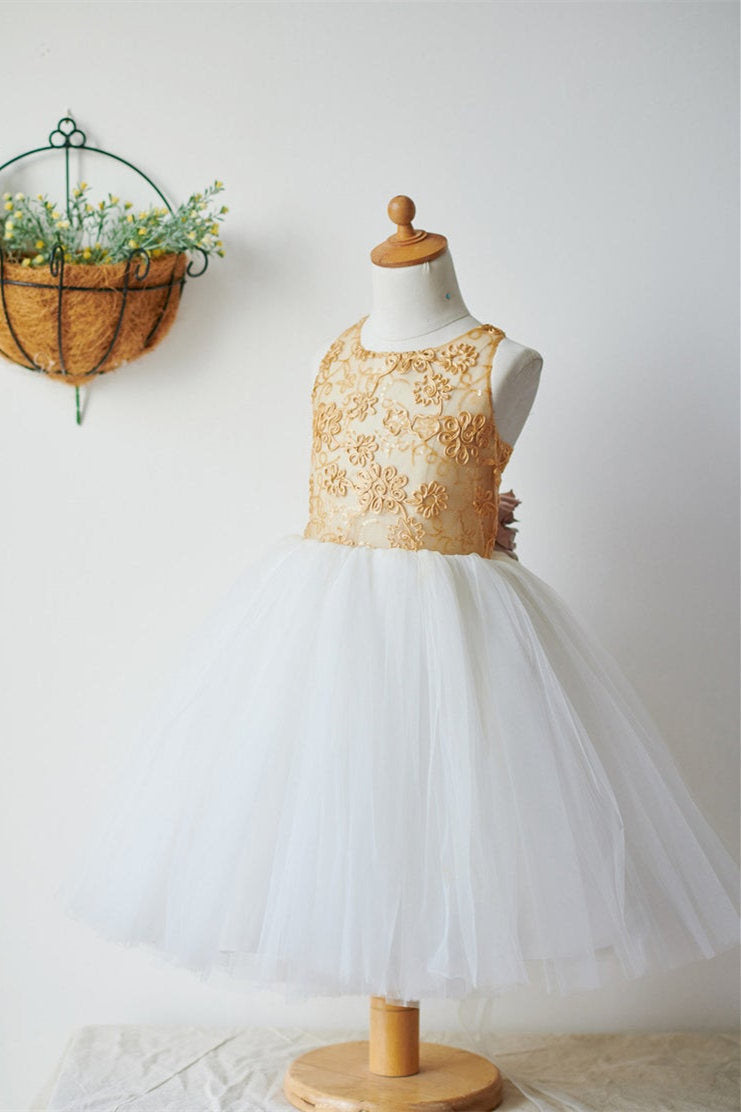 Cute Gold and White Flower Girl Dress with 3d Flowers