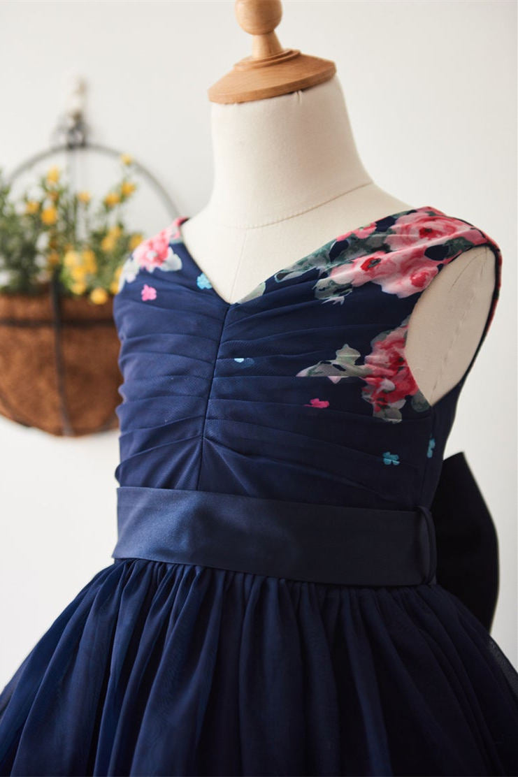 V-neck Floral Nacy Blue Flower Girl Dress