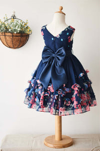 V-neck Floral Nacy Blue Flower Girl Dress