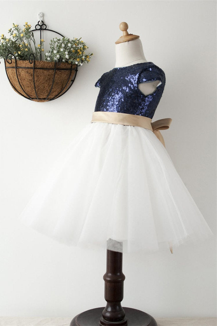 Cute Navy Blue Ball Gown Sequined Flower Girl Dress