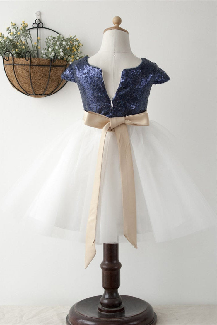 Cute Navy Blue Ball Gown Sequined Flower Girl Dress