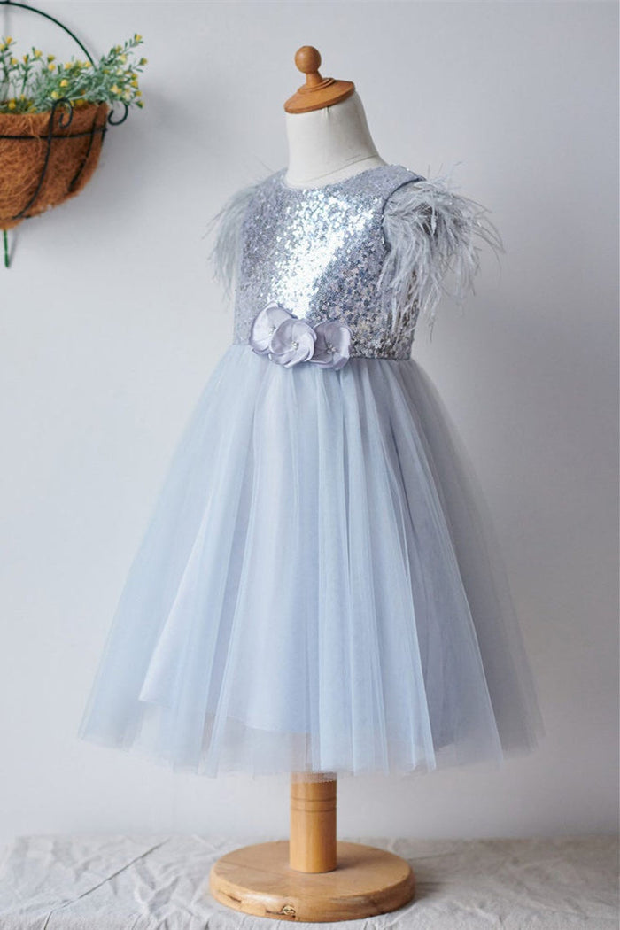 Smokey Blue Sequined Flower Girl Dress