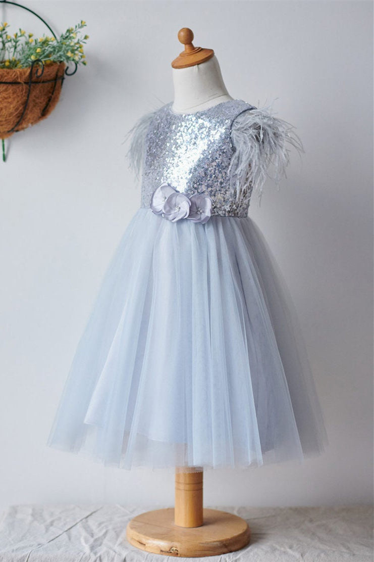 Smokey Blue Sequined Flower Girl Dress