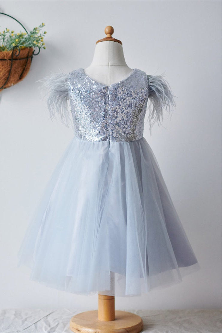 Smokey Blue Sequined Flower Girl Dress