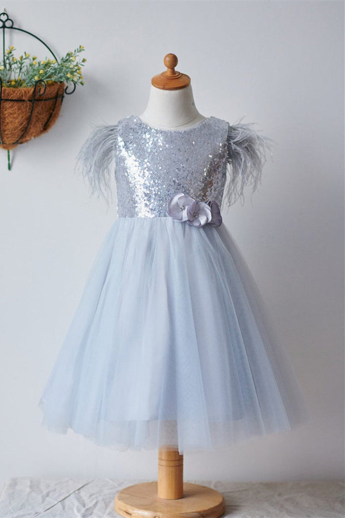 Smokey Blue Sequined Flower Girl Dress