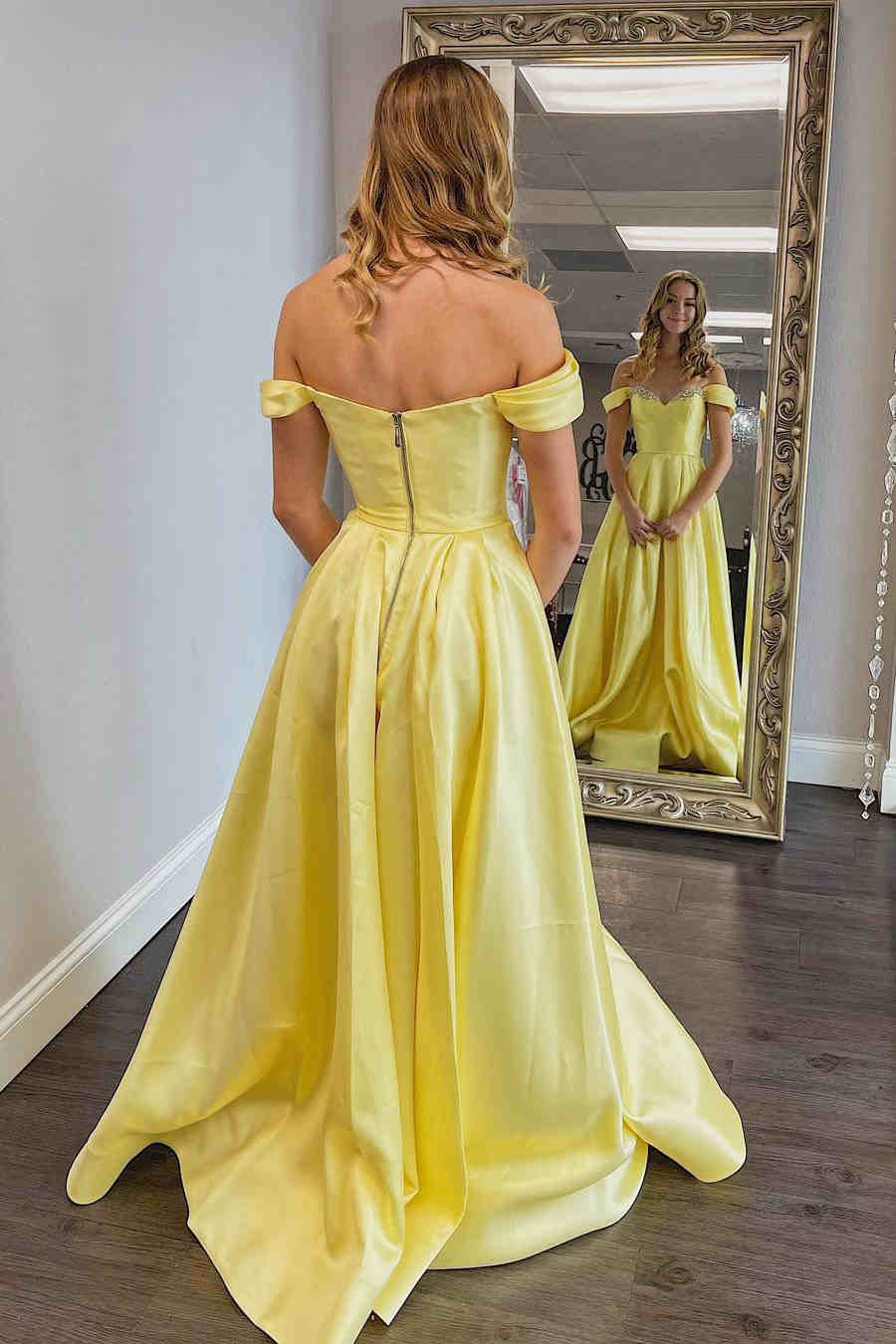A-Line Off the shoulder Yellow Prom Dress