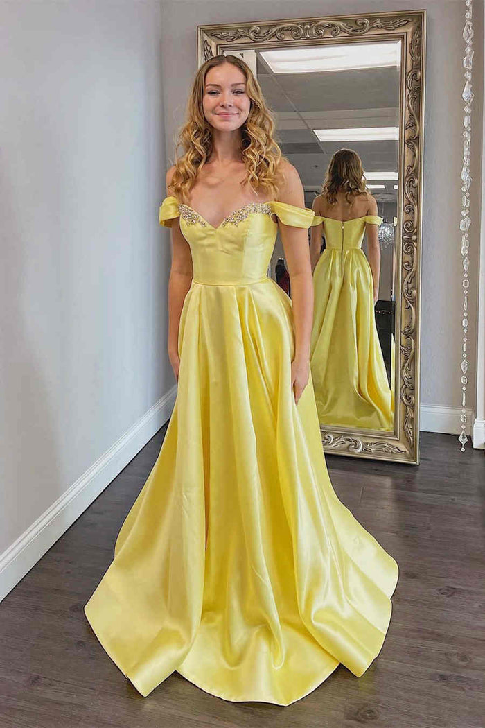 A-Line Off the shoulder Yellow Prom Dress