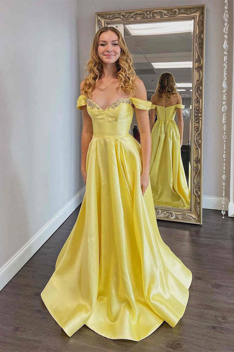 A-Line Off the shoulder Yellow Prom Dress