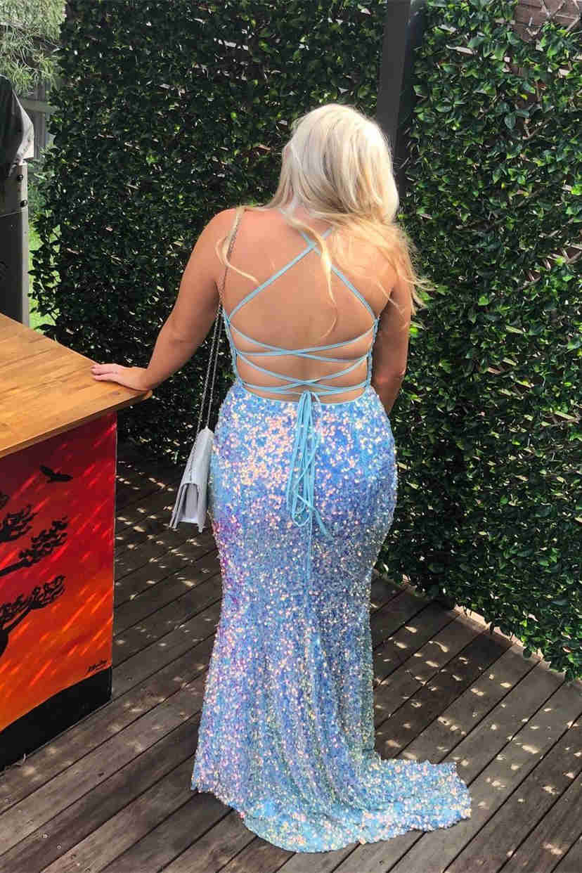 Glitter Halter Light Blue Sequined Prom Dress