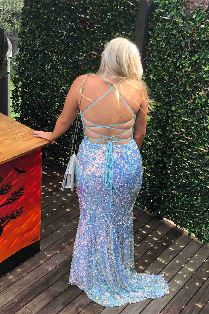 Glitter Halter Light Blue Sequined Prom Dress