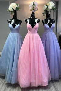 Glitter Pink Halter Tulle Prom Dress
