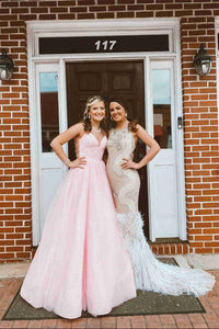 Glitter Pink Halter Tulle Prom Dress