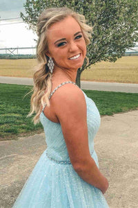 Glitter A-Line Pleated Light Blue Prom Dress