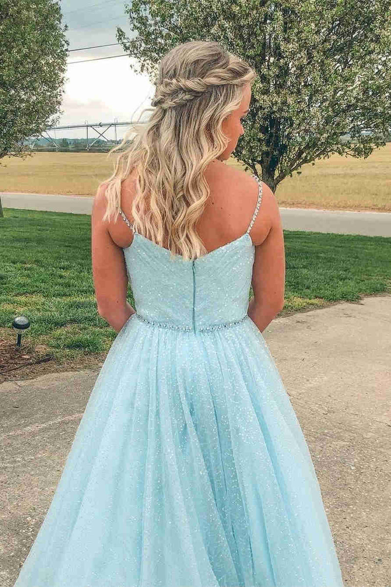 Glitter A-Line Pleated Light Blue Prom Dress