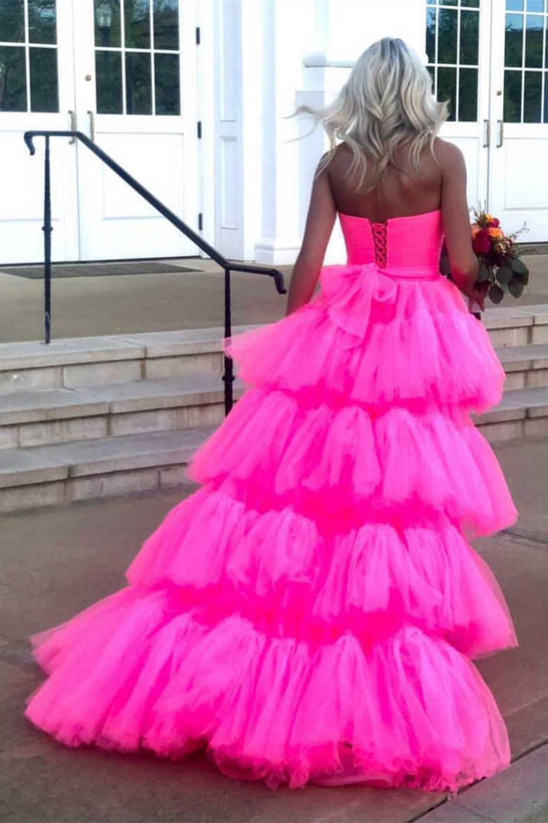 Strapless High Low Tiered Red Tulle Prom Dress