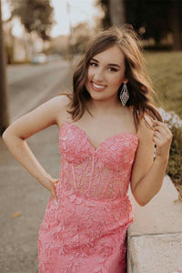 Sweetheart Hot Pink Lace Appliques Prom Dress