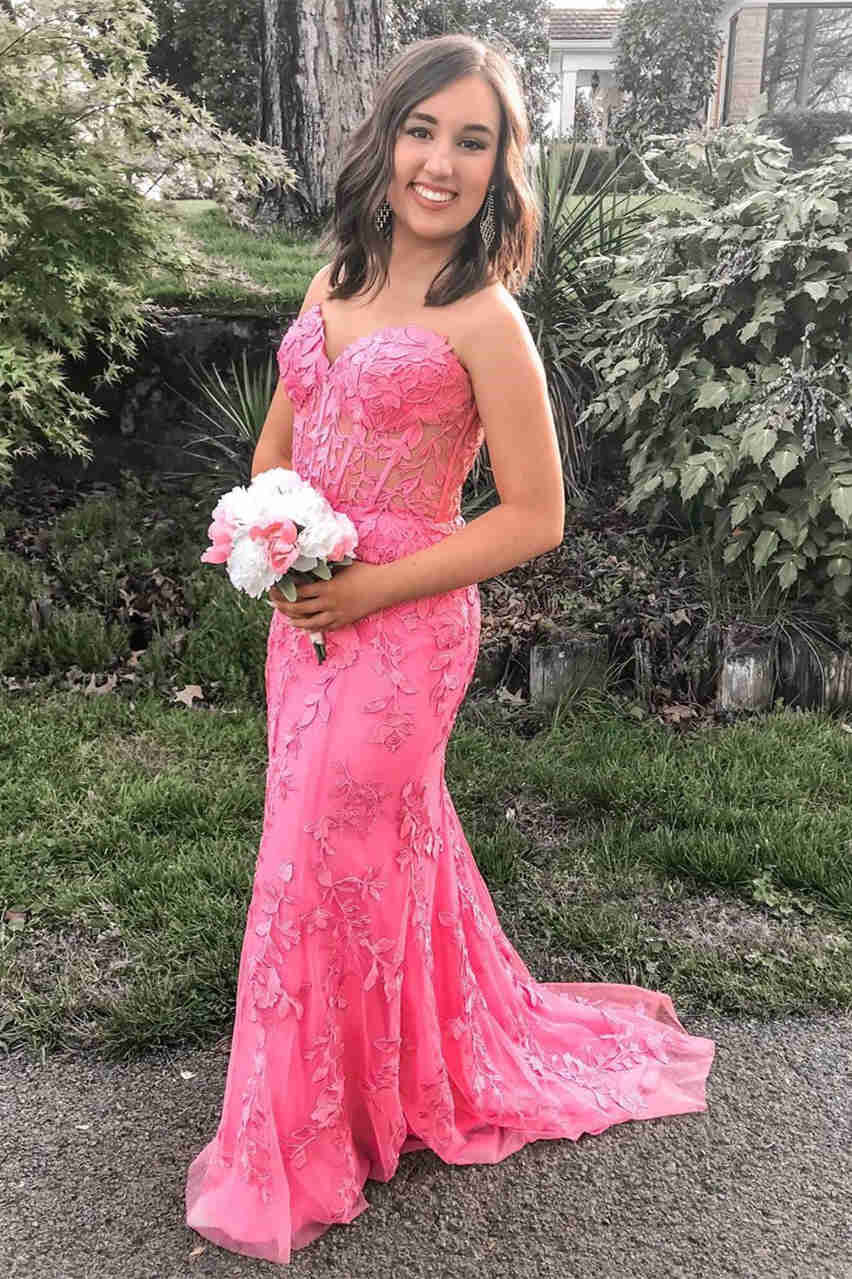 Sweetheart Hot Pink Lace Appliques Prom Dress