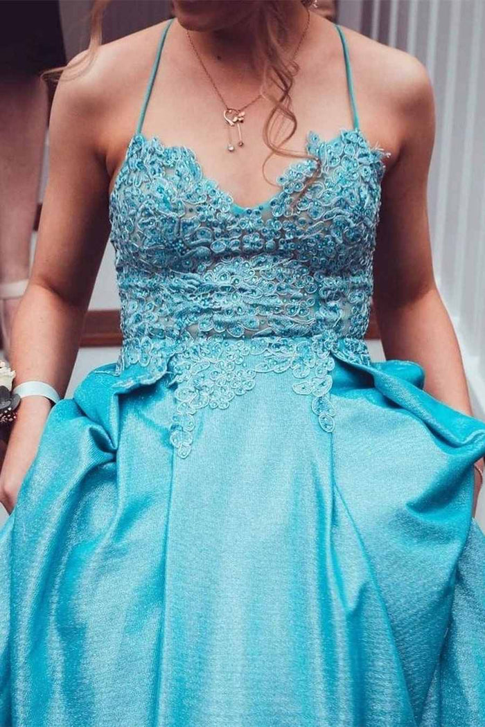 Blue A-line Lace Appliques Long Prom Dress with Lace Up Back