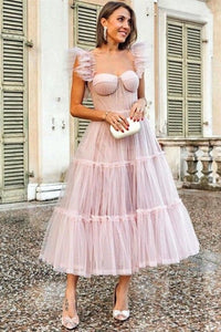 Chic Pink Tulle Midi Length Party Dress