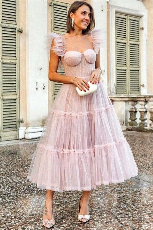 Chic Pink Tulle Midi Length Party Dress