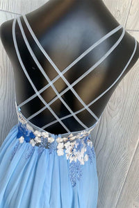 Blue Floral Embroidered A-line Short Homecoming Dress