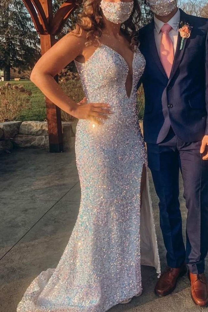 Sexy Mermaid White Sequins Key Hole Formal Dress