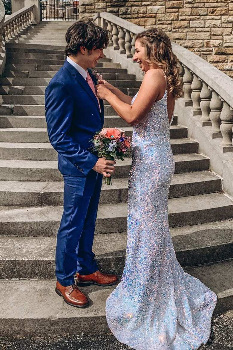 Sexy Mermaid White Sequins Key Hole Formal Dress