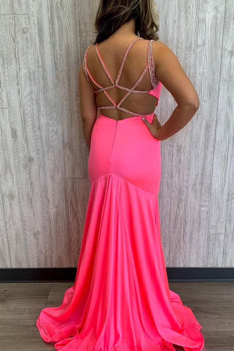 Mermaid Hot Pink Cross Back Long Formal Dress