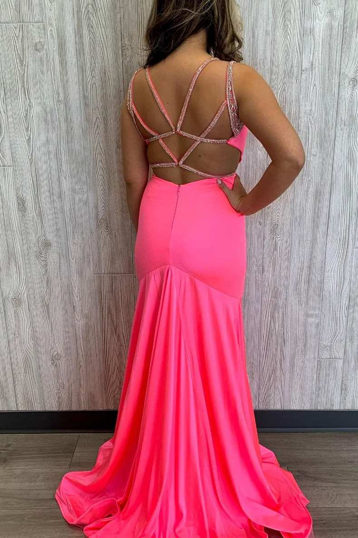 Mermaid Hot Pink Cross Back Long Formal Dress