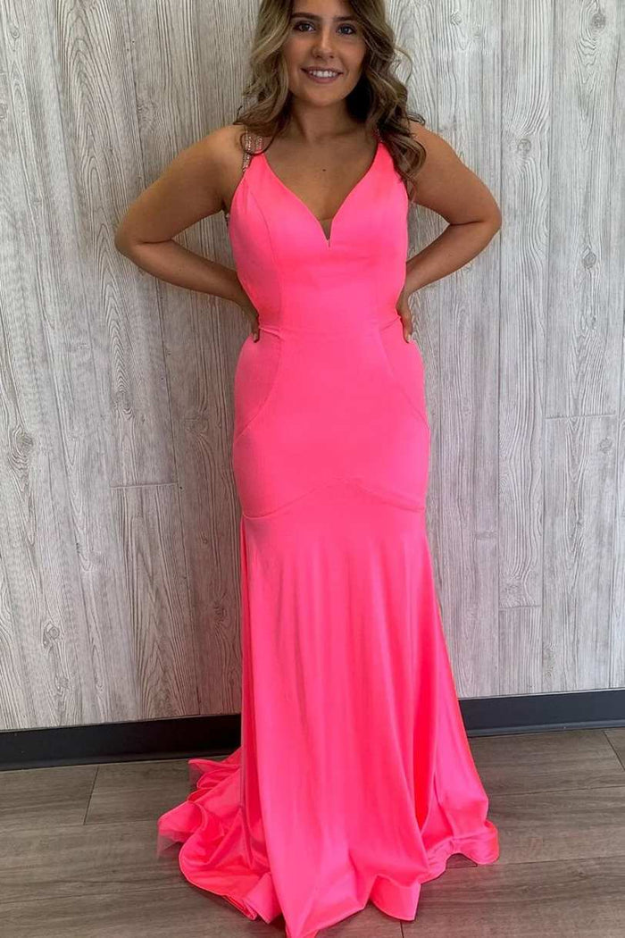 Mermaid Hot Pink Cross Back Long Formal Dress