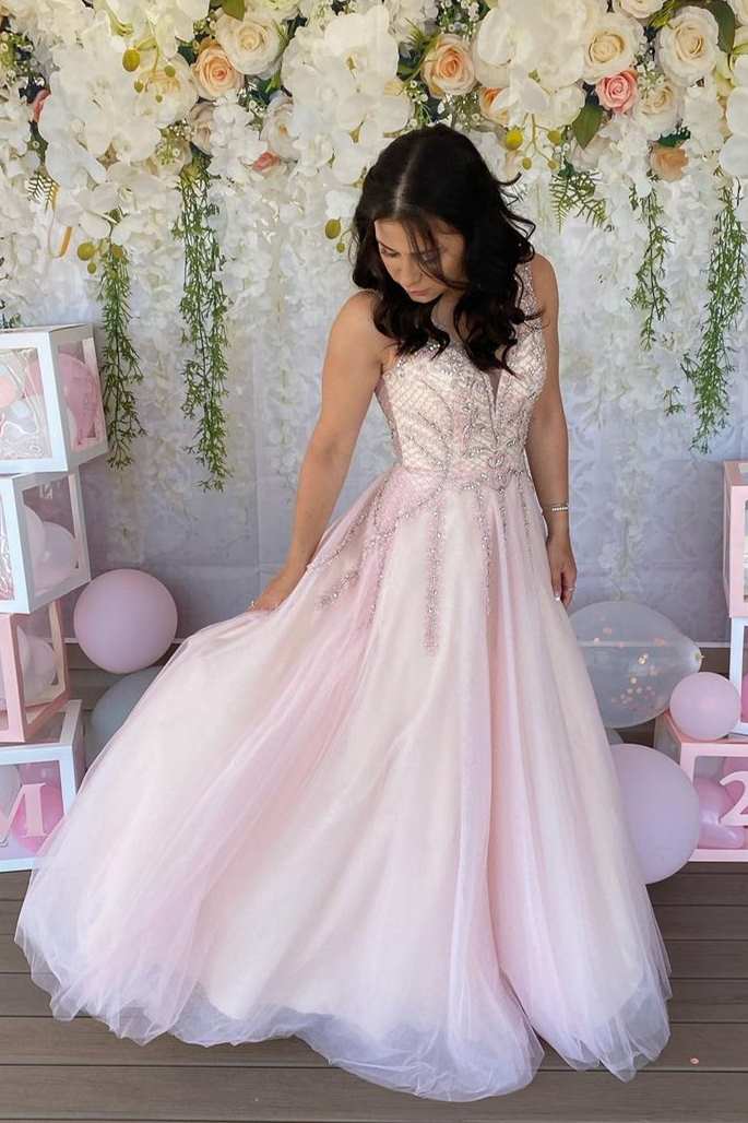 Gorgeous Pink A-line Beaded Long Formal Dress