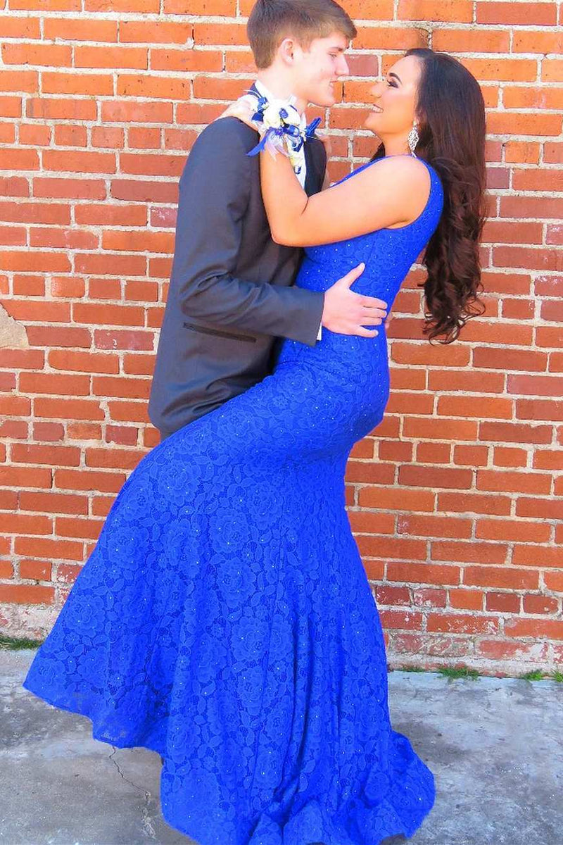 Two Piece Royal Blue Lace Long Prom Dress