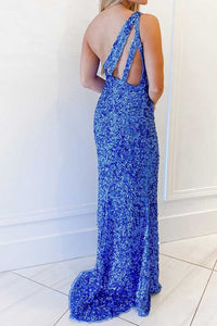 One Shoulder Hot Pink Sequins Long Formal Gown